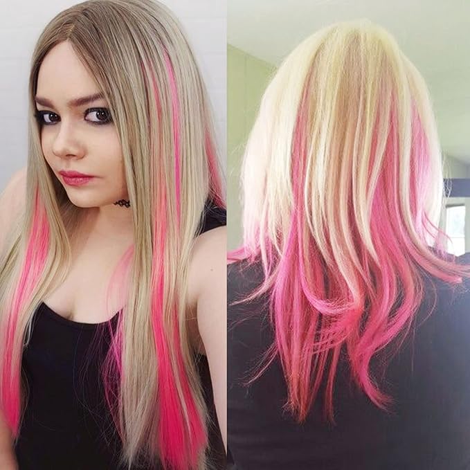 Rhyme 9PCS 21" Colored Clip in Hair Extensions Pink Hair Extensions for Kids Girls Hair Clips Straight Fashion Hairpieces for Party Highlights Hair Accessories (Pink)