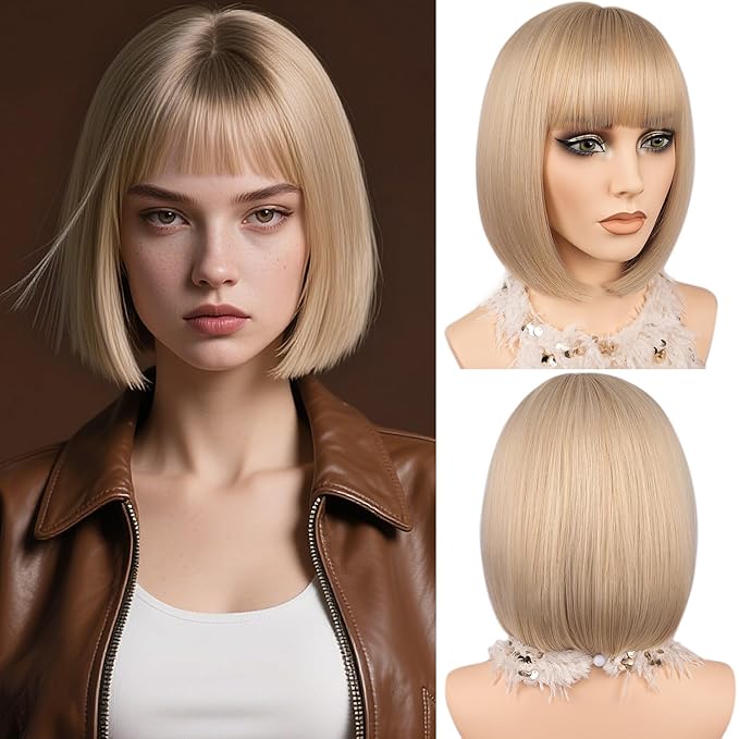 MAYSA Blonde Bob Wig with Bangs for Women, Short Straight Bob Wigs, Synthetic Natural Looking Daily Party Wigs # Gloden Blonde mix Platinum Blonde