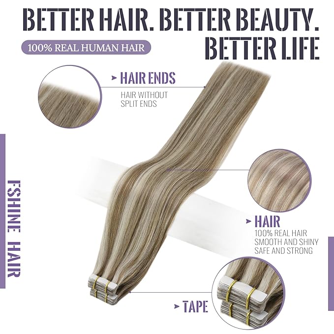 Fshine Tape in Blonde Hair Extensions Tape in Extensions Human Hair Color Ash Brown and Highlighted Platinum Blonde Extensions Tape in 50 g Straight for Women 20 Inch