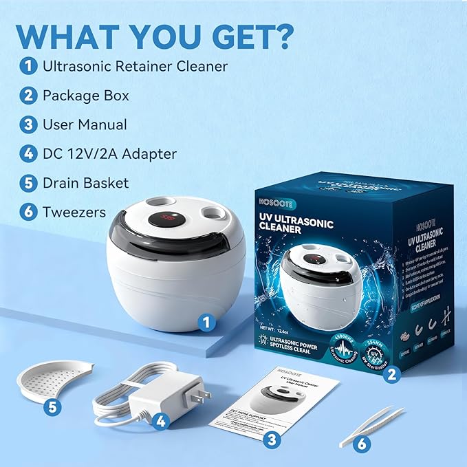 Dental Ultrasonic Retainer Cleaner Machine - 45kHz Dental Cleaning Pod, Mouth Guard, Aligner, Night Guard, Braces, Jewelry with 200ML Capacity, 4 Modes for All Denture Appliances