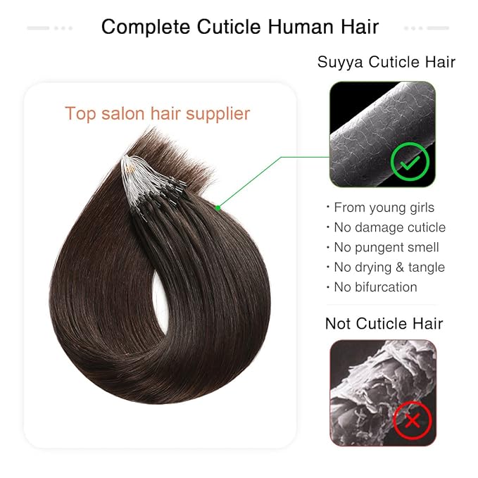 SUYYA Micro Loop Human Hair Extensions Darkest Brown Microlink Hair Extensions Human Hair Straight Micro Links Hair Extensions 50 Strands 40g/Pack for Women(14 inch #2 Darkest Brown)
