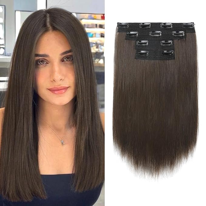 Hair Extensions, 14" Short Clip in Hair Extensions 4PCS Straight Natural Soft Synthetic Hairpiece for Women - Chocolate Brown
