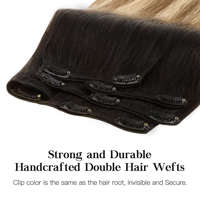 HOTBANANA Human Hair Clip in Hair Extensions, Dark Brown to Chestnut Brown and Dirty Blonde Highlighted 120g Clip in Hair Extensions Real Human Hair Straight Remy Hair 22 Inch 7pcs