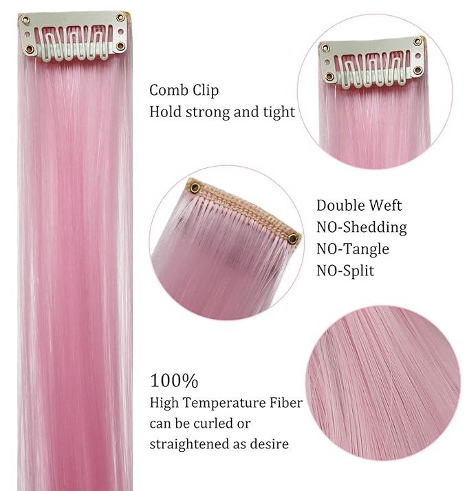 8PCS Light Pink&Light Purple 21''Colorful Party Highlights Clip in Colored Hair Extensions Multicolor Straight Synthetic Hairpieces for Women Kids Girls