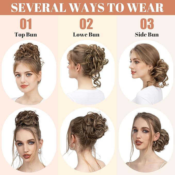CJL HAIR 2PCS Messy Bun Hair Pieces Wavy Curly Synthetic Updo Chignon Fake Scrunchies Ponytail Extension for Women Red Vino