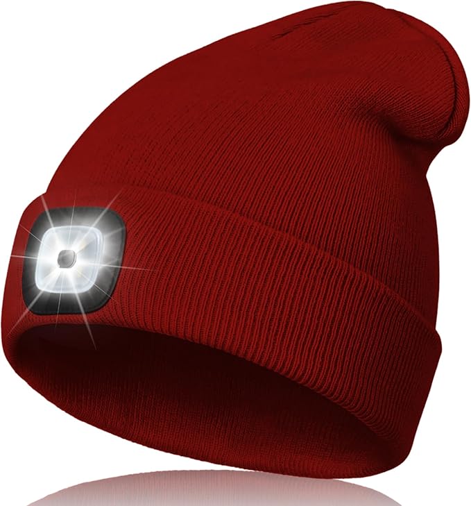 Unisex LED Beanie with Light, Rechargeable Headlamp Hat, Stocking Stuffers Christmas Gifts for Men, Warm Knitted Cap White Elephant Gifts for Dad Adults Teens Men Women Him