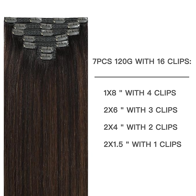 Clip in Hair Extensions Ombre Remy Hair Extensions Clip in Human Hair Dark Brown to Chestnut Brown Double Weft Balayage Real Human Hair Full Head Silky Straight 16 Inch 7pcs 120g