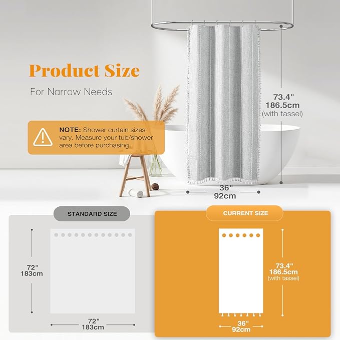 BTTN Boho Farmhouse Shower Curtain - Linen Rustic Heavy Duty Striped Fabric Shower Curtain Set with Tassel, Bohemian Vintage Country Cloth Shower Curtains for Bathroom，Grey，36" W x 72" L (Pack of 1)