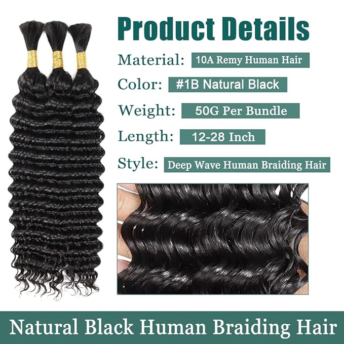 Boho Hair for Braiding Deep Wave Bulk Human Hair for Braiding 18 Inch No Weft Deep Wave Bulk Bohemian 3 Bundles 150g