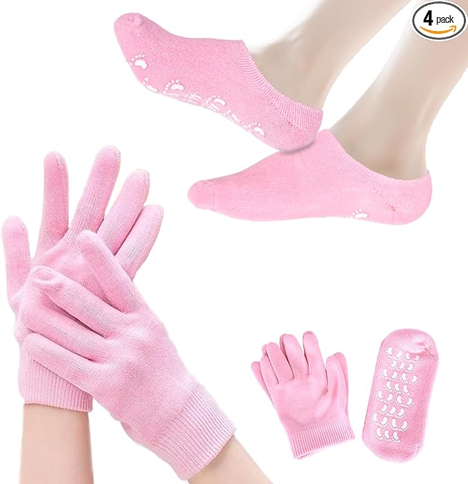 Moisturizing Gloves and Socks, Gel Spa Moisturizing Therapy Sock ＆ Glove, Overnight Gloves for Dry Hands, Repair and Soften Aging, Hand and Feet Care for Chapped and Dry Skin (Pink)