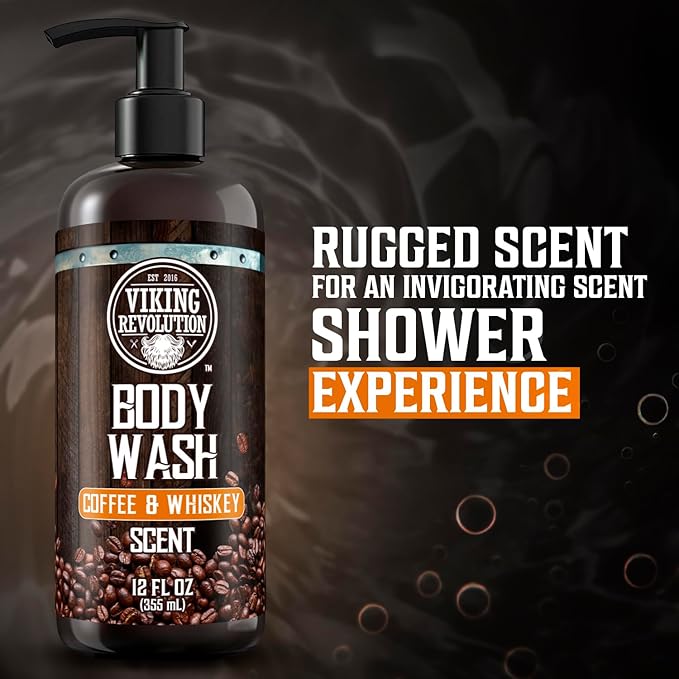 Viking Revolution Men's Body Wash - Coffee Whiskey Mens Body Wash - Mens Natural Body Wash for Men with Vitamin E and Olive Oil - Shower Gel Body Wash Men (12 Fl Oz, Pack of 1)