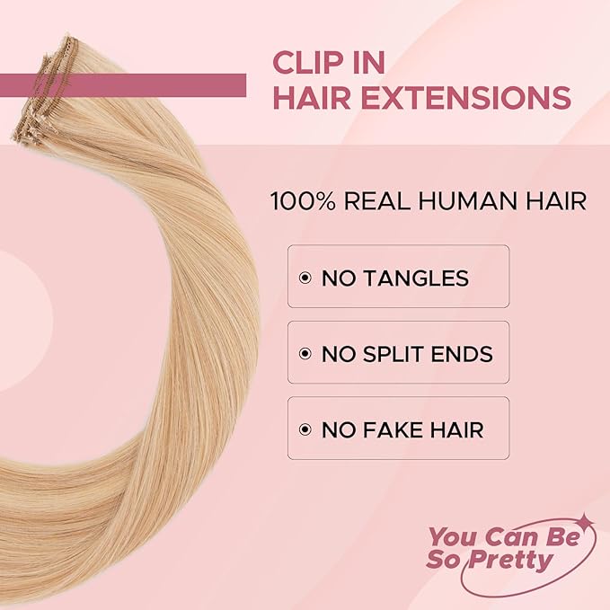 Clip in Hair Extensions Real Human Hair for Women, 12 Inch 33g 6pcs, Ash Blonde Mix Bleach Blonde, Straight - Highlight, Add Volume and Length for Daily Wear, Parties, Weddings