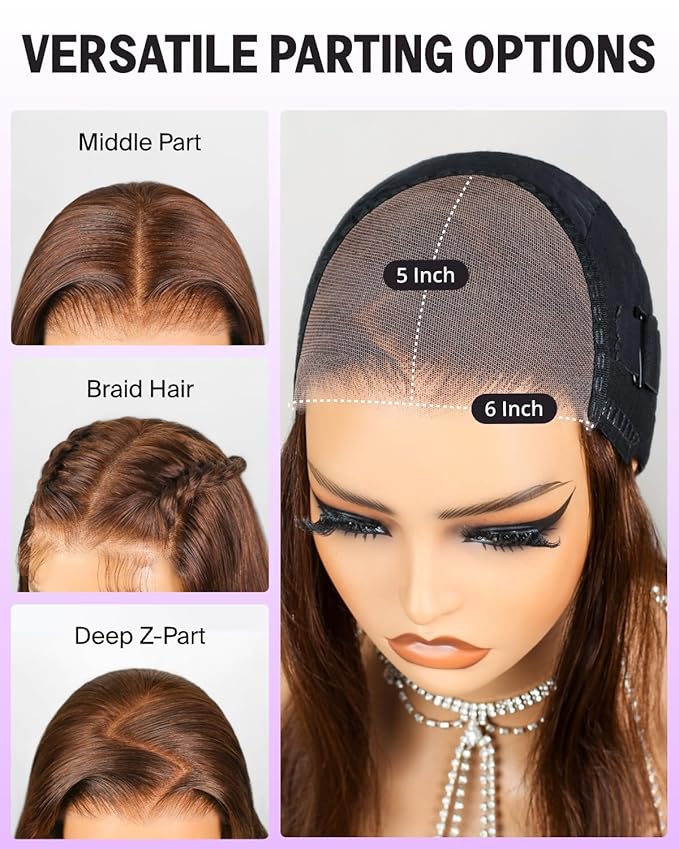 6x5 Ready to Go Glueless Wigs Human Hair HD Lace Closure 220% Density Straight Lace Front Wigs Human Hair 4# Brown Wig Human Hair Bleached Knots 24 Inch