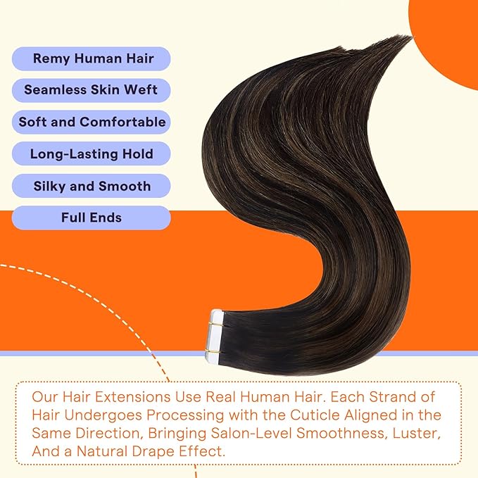 Full Shine Tape Ins Human Hair Extensions 16 Inch Tape Hair Extensions 50G Straight Silky Hair Color 2 Fading to 8 Highlight 2 Darkest Brown Double Sided Tape in Extensions 20pcs Add Volume