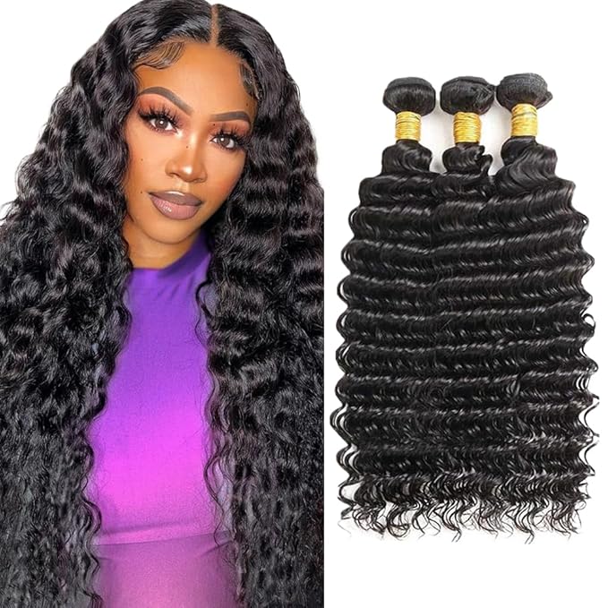 22 24 26 inch WuvuSnm Human Hair Bundles Human Hair Deep Wave Bundles Brazilian Remy Wet and Wavy Bundle #1B Color 300g