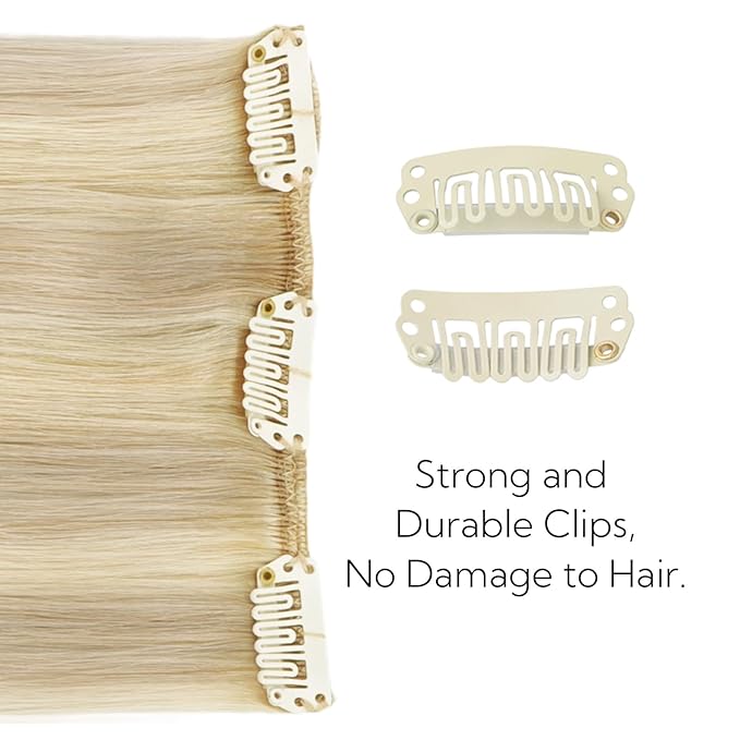 HOTBANANA Clip in hair Extensions, Ash Blonde Highlighted Platinum Blonde 5pcs Clip in Hair Extensions Real Human Hair Straight Remy Hair Extensions 16inch 85g