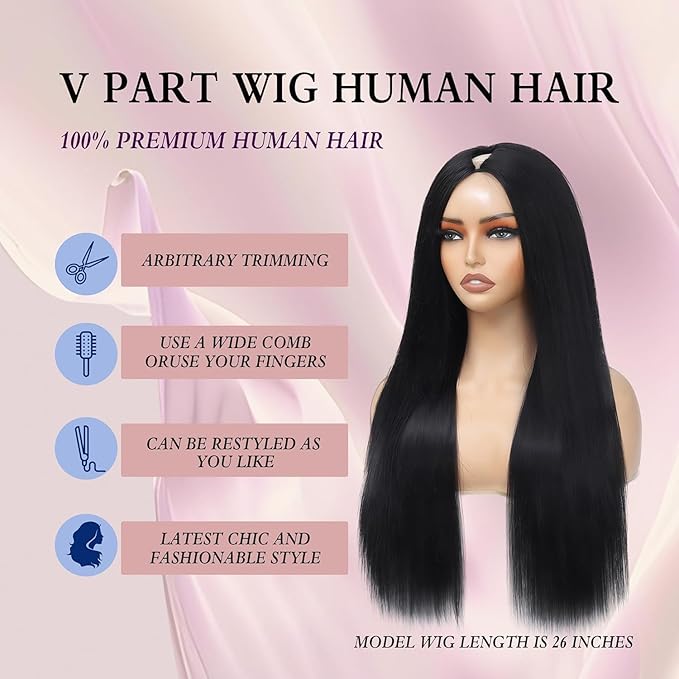V Part Wig Human Hair Straight Human Hair Wigs Upgrade U Part Human Hair Wig for Women No Leave Out No Sew In 200% Density Natural Color 26 Inch