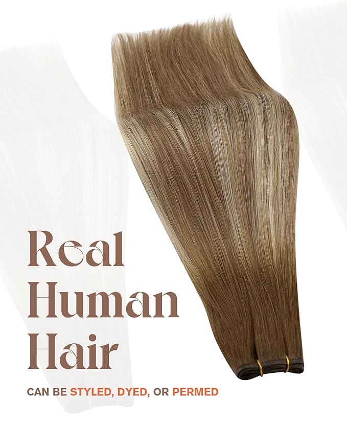 Sunny Hair 22inch Genius Weft Hair Extensions Human Hair Chestnut Brown Mix Platinum Blonde Genius Sew in Hair Weft Balayage Hand Tied Weft Human Hair Extensions for Long Hair