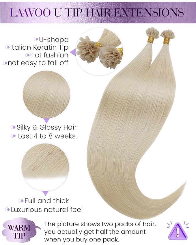 LaaVoo K Tip Hair Extensions Real Human Hair Bleach Blonde U tip Hair Extension Human Hair Hot Fusion Blonde KTip Human Hair Hair Extensions 24 inch 50g/50s