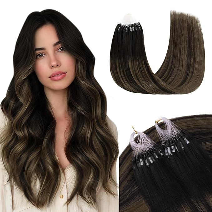 GOO GOO Micro Link Hair Extensions Real Human Hair, Upgraded 100g 100S, 24 Inch Cold Fusion Microlinks, Invisible Remy Hair, 1B/6/1B Balayage Natural Black to Chestnut Brown