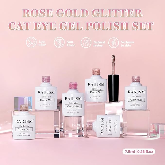 RARJSM Champagne Gold Glitter Cat Eye Gel Nail Polish Set 6Pcs Nude Pink Light Purple Velvet Ice Jelly Shimmer Ceramic Cateye Gelpolish with Magnetic Stick UV LED Curing Require Home Salon Manicure