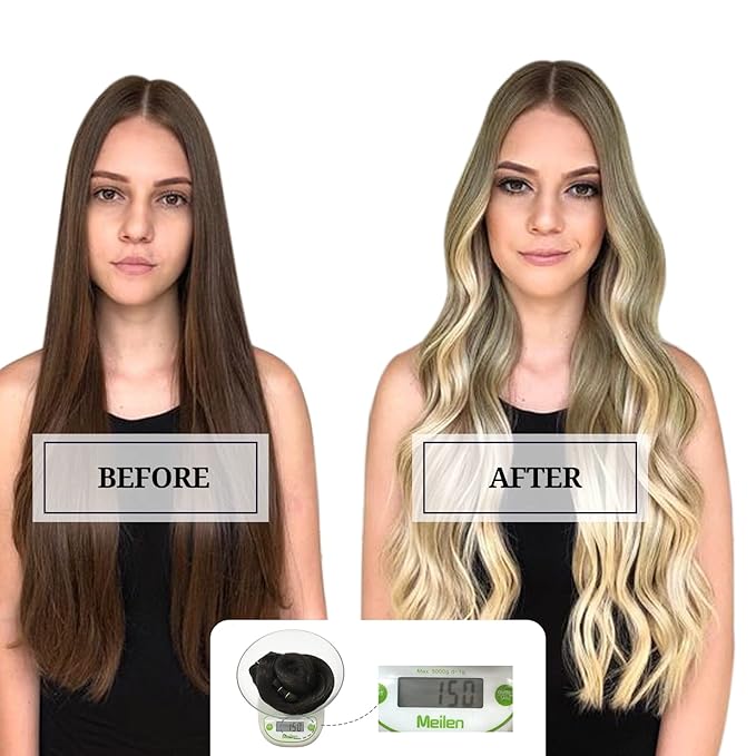 DOORES Human Hair Extensions Clip in, Ash Brown to Platinum Blonde 150g 9pcs 14 Inch, Remy Straight Thick Natural Hair