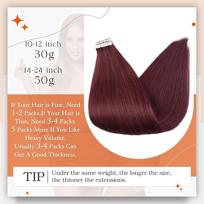 Full Shine Tape in Extensions Wine Red Tape in Hair Extensions Human Hair for Women 16 Inch Human Hair Extensions Seamless Skin Weft Tape ins Human Hair 50 Gram 20 Pcs Burgundy Hair Extension