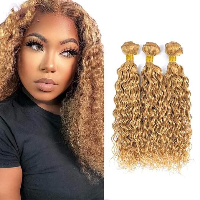 24 26 28 Inch Blonde Bundles Human Hair #27 Honey Blonde Water Wave 3 Bundle Unprocessed Brazilian virgin hair Weave Extensions Double Weft 50 Grams/Bundle Colored Blonde Bundles for Woman