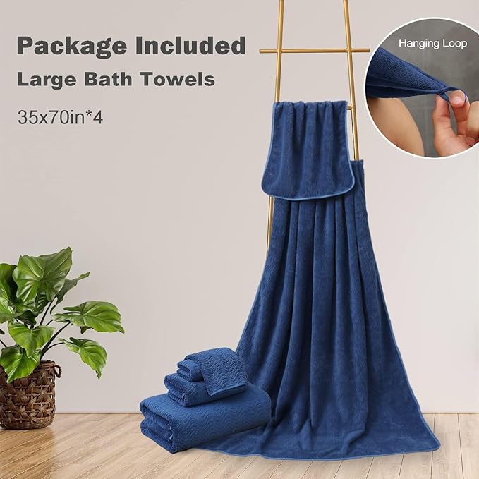 Bathroom Towels Set of 4, 35x70inch Oversized Bath Towels Extra Large Microfiber Shower Towels Textured Ultra Soft Absorbent Towels Quick Dry Towel Bath Sheets for Bathroom Hotel Spa Navy Blue