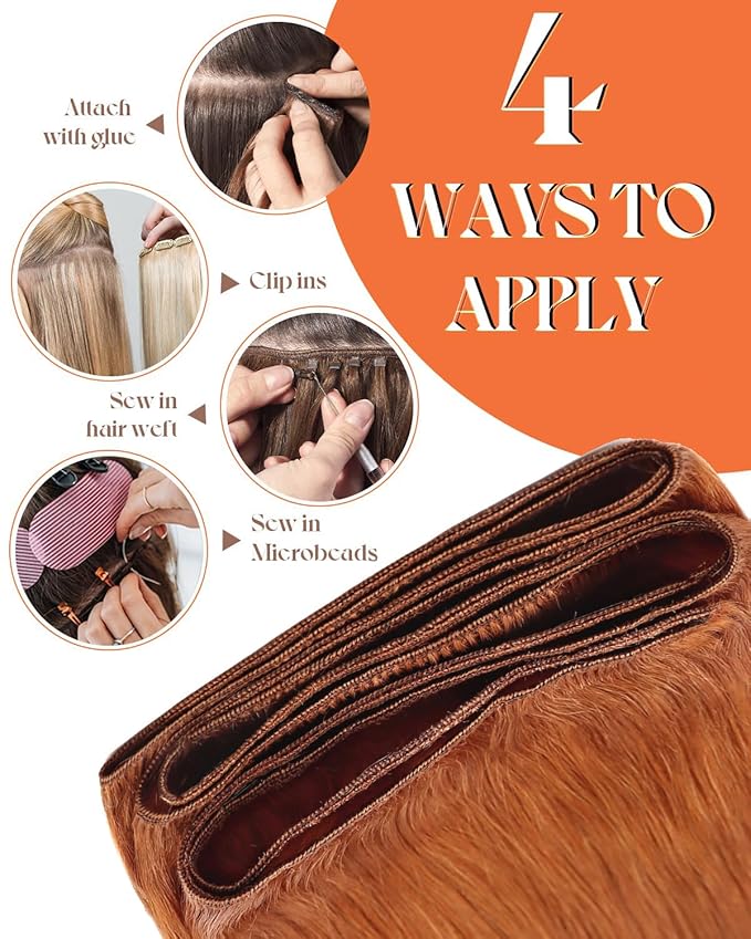 Sunny Hair Sew in Hair Extensions 22inch Sew in Extensions Human Hair Copper Weft Hair Extensions Human Hair Copper Brown Real Hair Weft Hair Extensions for Long Hair Bundle 100g