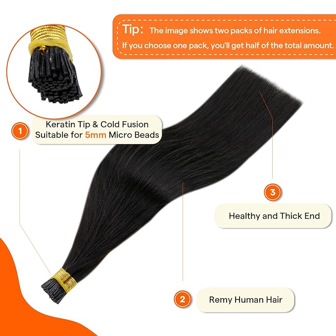 Full Shine I Tip Hair Extensions Human Hair Color 1B Off Black 22 Inch 40 Grams Long Straight Itip Human Hair Extensions add Length Pre Bonded Extensions Remy Hair for Women