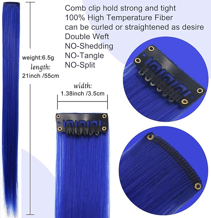 Rhyme Purple Blue Wig Hairpieces 21 inch Colored Hair Extension Clip in/on for Amercian Girls and Women Princess Party Highlight Wig Pieces for Girls 12 PCS (Purple Blue)
