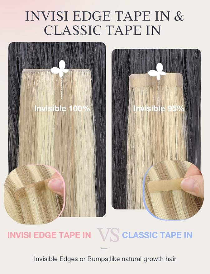 DOORES Invisi Edge Human Hair Extensions Tape in, Light Blonde Highlighted Golden Blonde 10 Injection Tape-ins with 10 Injection Tape-ins 50g 20 Inch, Injected Tape in Virgin Human Hair