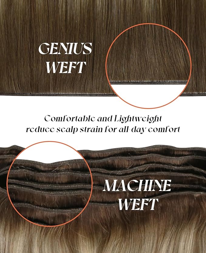Sunny Hair Genius Weft Hair Extensions Human Hair Ombre Genius Hair Weft Real Human Hair Brown Blonde Hand Tied Sew in Hair Extensions Genius Weft Balayage Dark Brown to Light Brown Mix Blonde 18inch