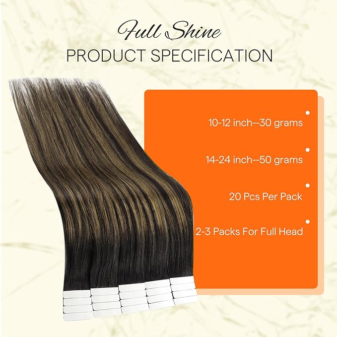 Full Shine Hair Extensions Tape in Color 1B Off Black Ombre 6 Brown Highlight 1B Black 14 Inch Invisible Remy Seamless Tape in Hair Extensions Human Hair 50 Grams 20 PCS Add Volume