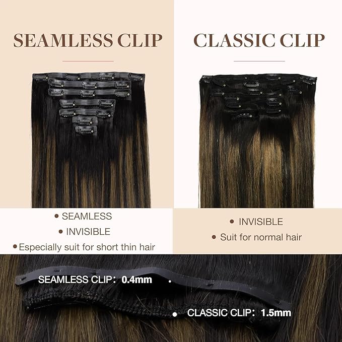 GOO GOO Clip in Hair Extensions Real Human Hair, Remy Human Hair Extensions Clip ins for Women, Natural Human Hair, 22 Inch 140g 7Pcs, 1B/6/1B Balayage Natural Black to Chestnut Brown