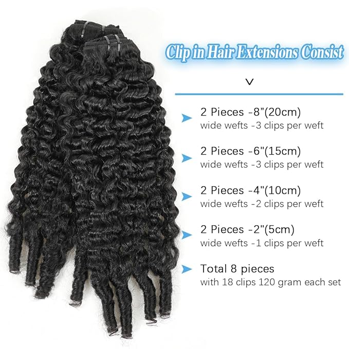Burmese Curly Clip in Hair Extensions Real Human Hair, 8Pcs Remy Human Hair Clip in Extensions for Women, Natural Soft Human Hair, 120g 14inch #1B Natural Black