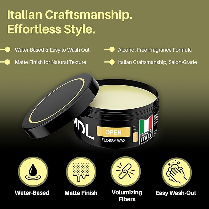 Flossy Hair Wax for Men, Water-Based Hair Wax Stick, Remoldable Hair Pomade for Styling and Adding Volume, Frizz Stick Gel Alternative, Alcohol-Free Hair Care Products Made in Italy, 100 ml