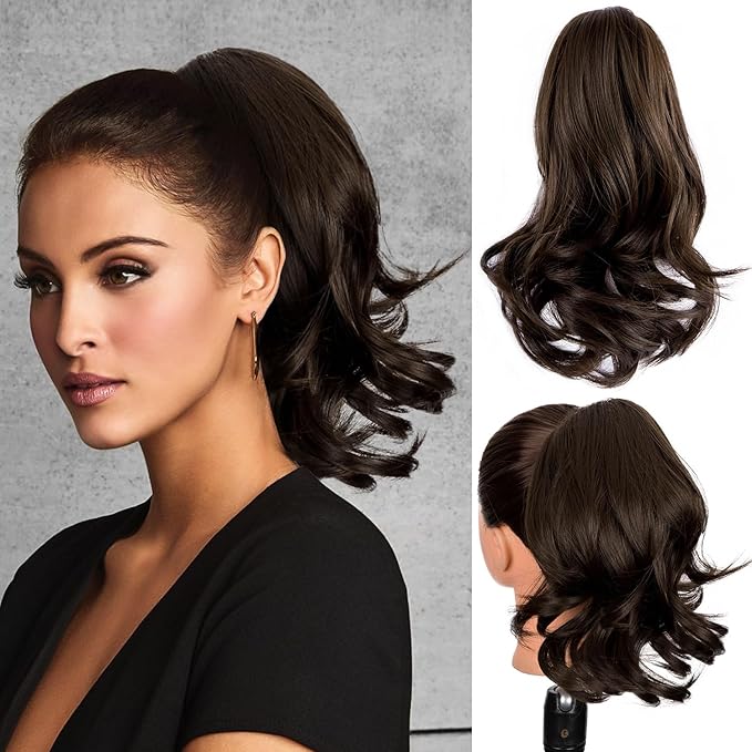 Ponytail Extension,12" Claw Clip in Ponytail Extensions Curly Wavy Ponytail Hair Extension Jaw Clip on Pony Tails Hairpiece for Women - Ligjt Brown8#