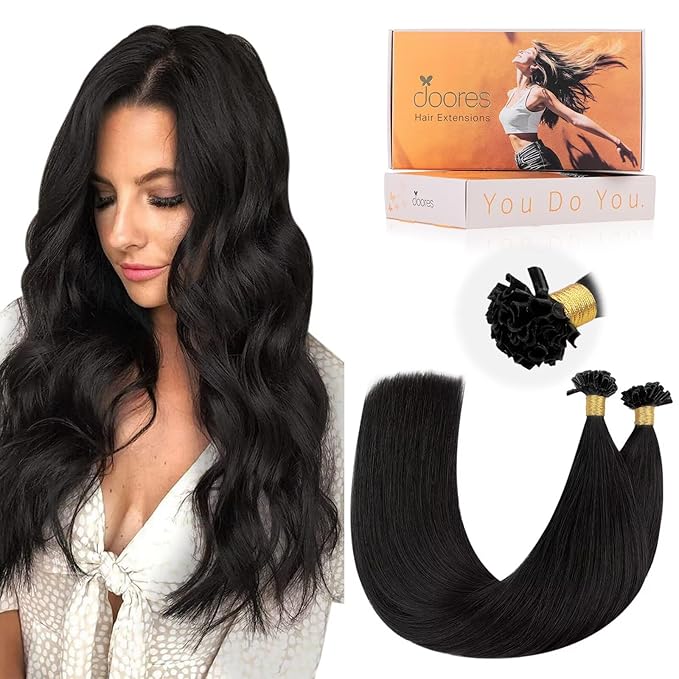 DOORES Ktips Hair Extensions Human Hair, Natural Black 16 Inch 50g/50s, K Tip Extensions for Women