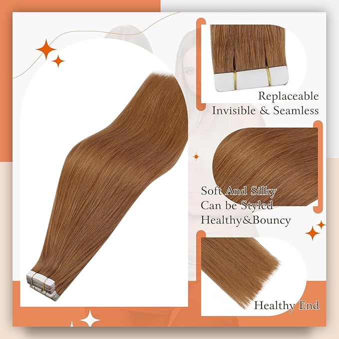 Full Shine Tape in Hair Extensions Human Hair Color 330 Auburn Tape ins Human Hair Extensions 10Inch Extensions 30G Invisible Human Hair Extension 20Pcs Straight Natural Hair for Women Add Volume