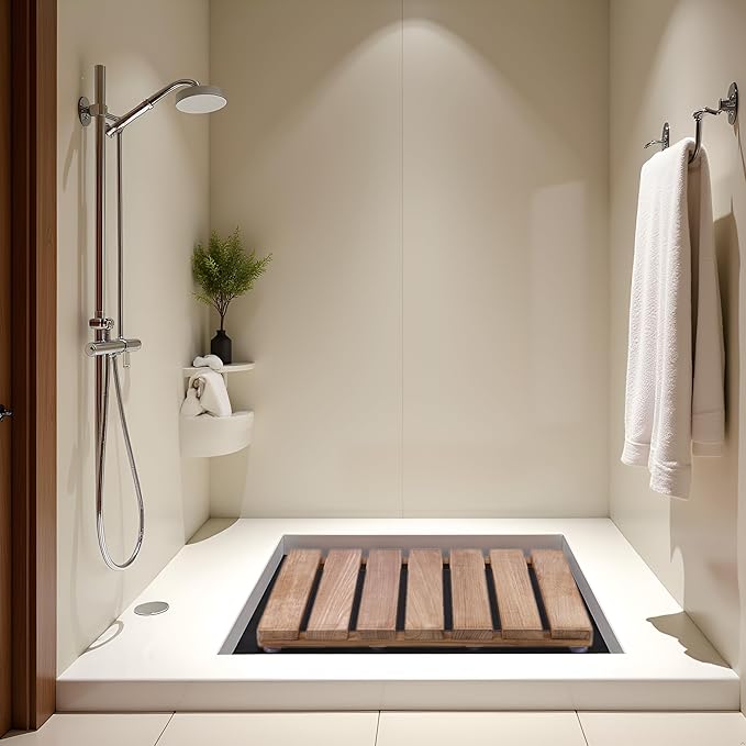 Natural Teak Wood Shower Bath Mat, 20.67 * 14.76 Inches, Non-Slip Rubber Feet, Premium Wooden Floor Mats for Spa, Sauna, Pool and Hot Tub, Flooring Decor and Protector, Indoor and Outdoor Use.