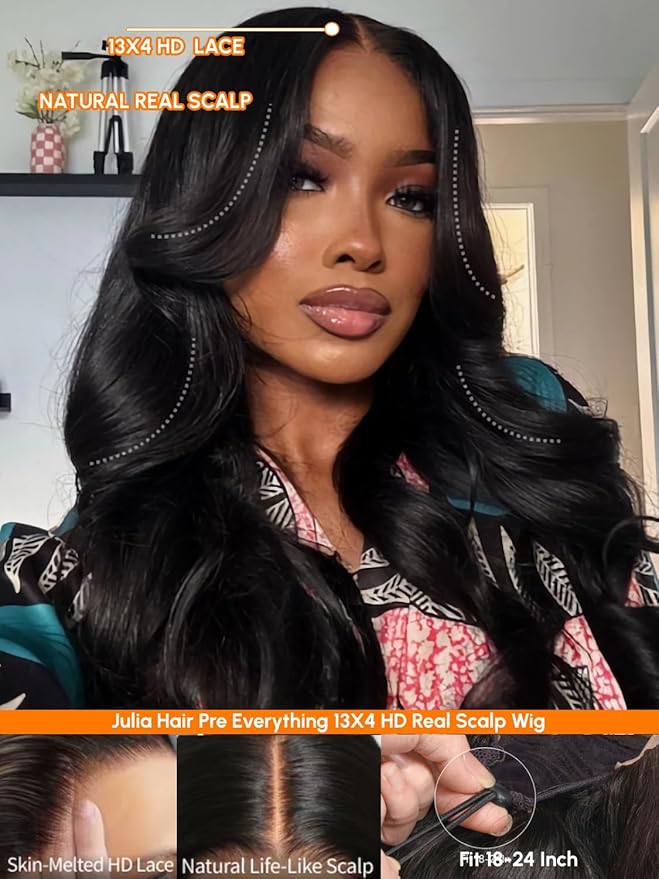 Julia Hair HD Real Scalp Glueless Wig 13x4 Pre Everything Skin-melt Lace Front Wigs Human Hair Loose Wave with Face Framing Invisi Drawstring Bleached Knots Natural Hairline 180% Density 22 Inch
