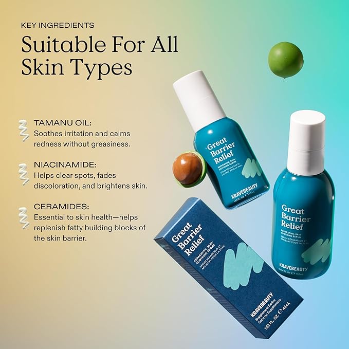 KraveBeauty Jumbo Great Barrier Relief Serum – Korean-Inspired Barrier Repair Serum, Tamanu Oil, Soothes Redness & Hydrates, Vegan & Cruelty-Free, 3.38 fl oz