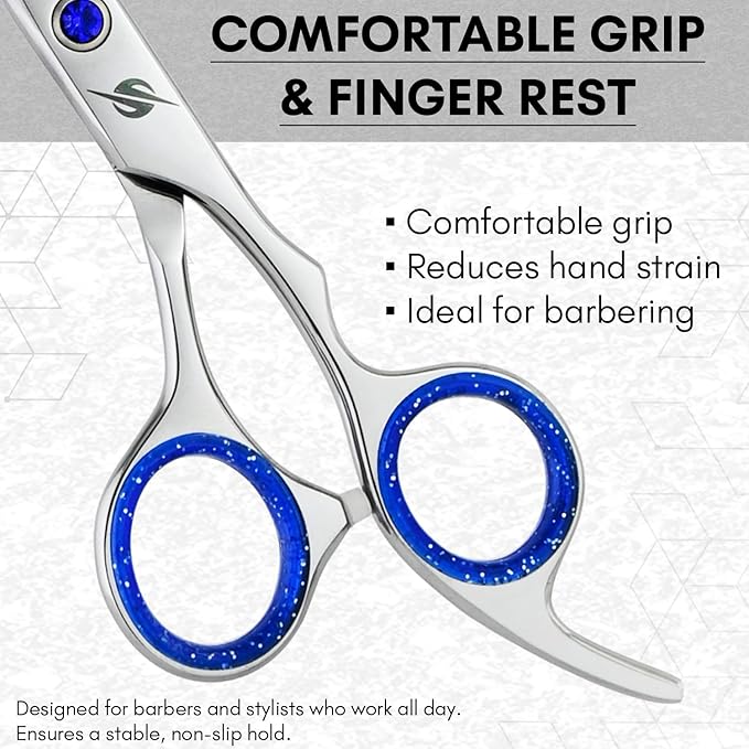 Pro Hair Cutting Scissors Set 6.5 Inch – Japanese Stainless Steel Barber Shears & Thinning Scissors Blue Gem Tension Screw – Salon Hairdressing Kit for Barbers & Stylists (Silver)