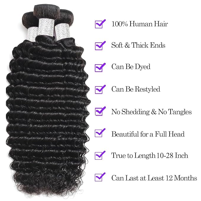 VIOLET 12A Deep Wave Human Hair Bundles 14 16 18 Inch Bundles Human Hair 100% Unprocessed Brazilian Virgin Hair Deep Wave 3 Bundles Human Hair Extensions for Women Natural Color