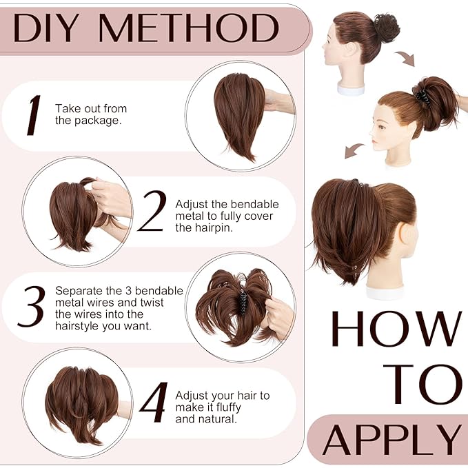 Claw Clip Short Ponytail Hair Extensions Messy Bun Hair Piece Pony Tails Hair Extensions with Bendable Metal Wire Hair Pieces DIY Style 8 Inch 30H33A Brown & Auburn