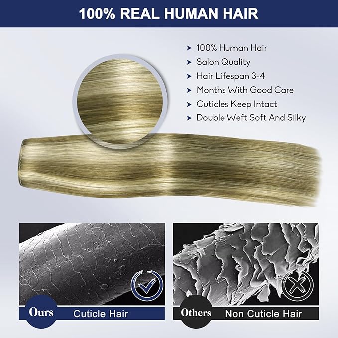 Blonde Clip in Hair Extensions, 16 Inch 90g, 8p613 Mixed Bleach Blonde, Invisible Seamless Straight Remy Blonde Hair Extensions Clip in 8pcs Per Set with Double Weft