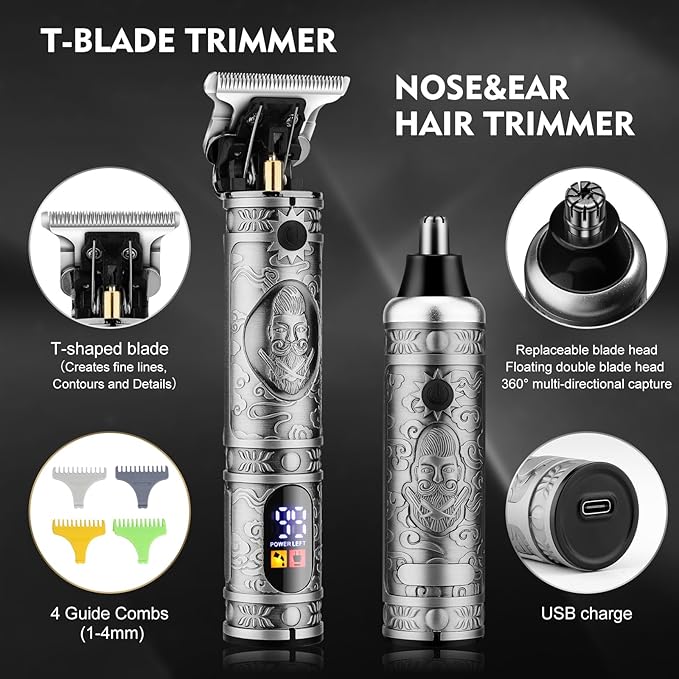 Pro Hair Clippers for Men,Hair Clippers+T-Blade Trimmer+Electric Shaver+Nose Hair Trimmer +6D Electric Head Shaver Set,5 in 1 Cordless Barber Hair Cutting Kit LCD Display Gifts