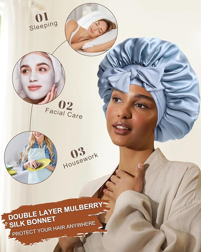 Mulberry Silk Bonnet Sleeping Women Curly Hair Bonnets Tie Band Double Layer Reversible Sleep Bonnet Silk Hair Wrap Sleep Cap